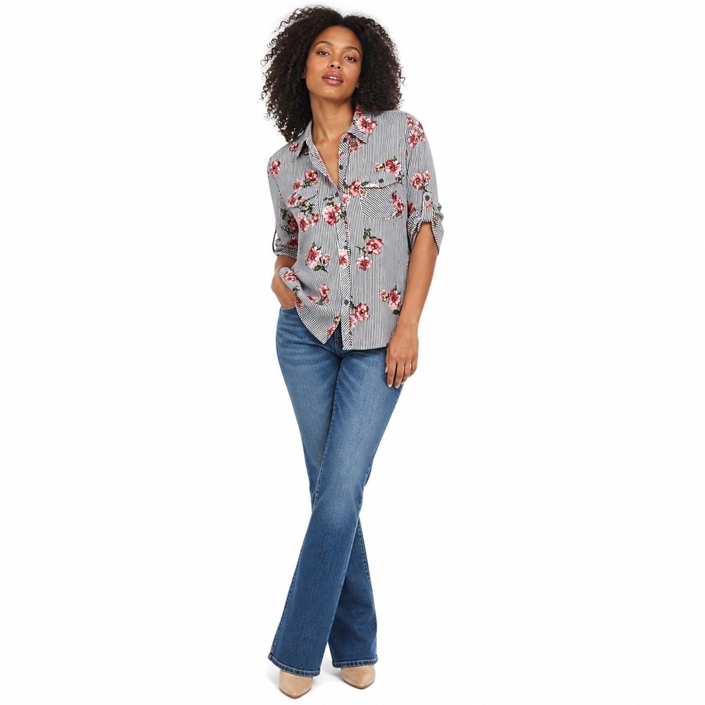Eden & Olivia Floral Blouse Striped Button Shirt S Cottagecore Springcore Preppy